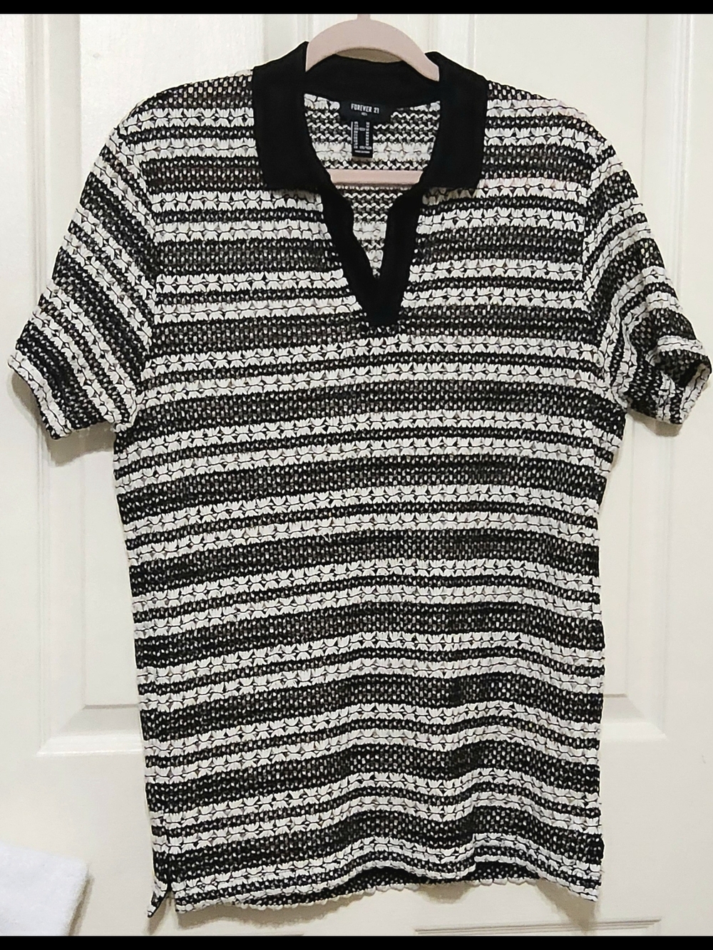 Forever 21 Men's Crochet Open Knit Striped Polo Shirt - Size M